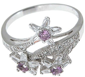 925 Sterling Silver Platinum Finish Genuine Amethyst Ring - Size 5