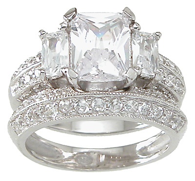 925 Sterling Silver Rhodium Finish Cz Emerald Cut Three Stone Engagement Set Ring