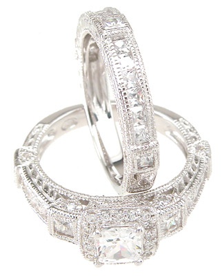 925 Sterling Silver Antique Style Princess Wedding Set