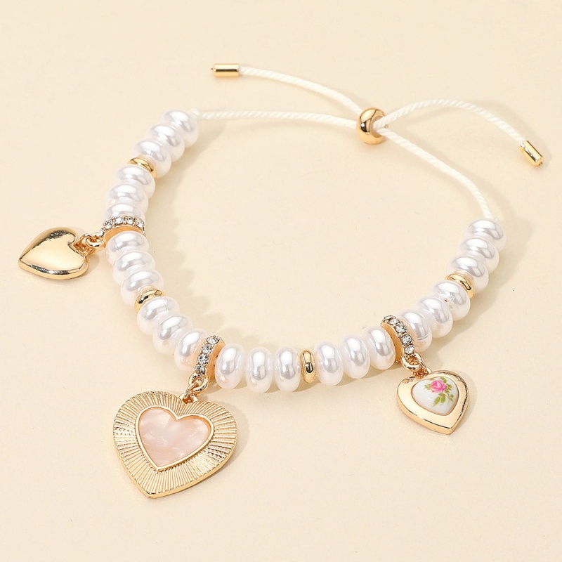 Cream and Gold Adjustable Heart Charm Bracelet