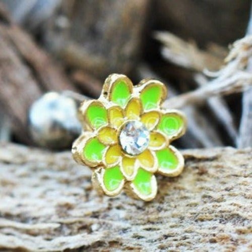 Green & Yellow Enamel Flower Cartilage / Tragus Earring