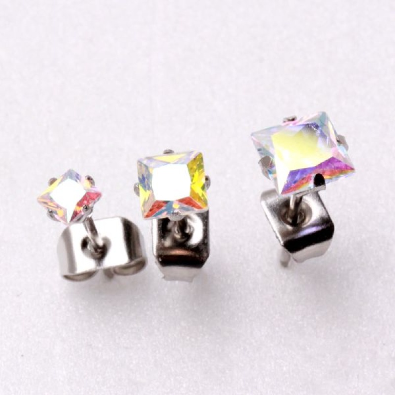 Pair Of 316L Stainless Steel Aurora Borealis Princess Cut Cz Stud Earrings