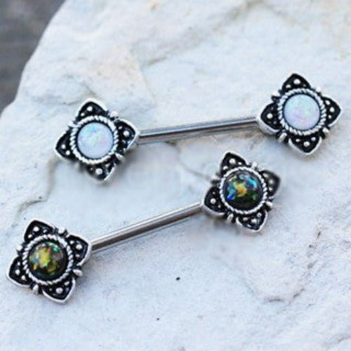 Mystical Flower Nipple Bar With Synthetic Opal