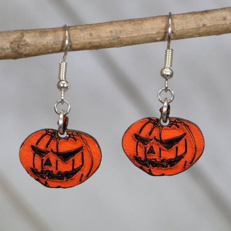 Jack-O-Lantern Wooden Dangle Earrings | Halloween Spooky Jewelry