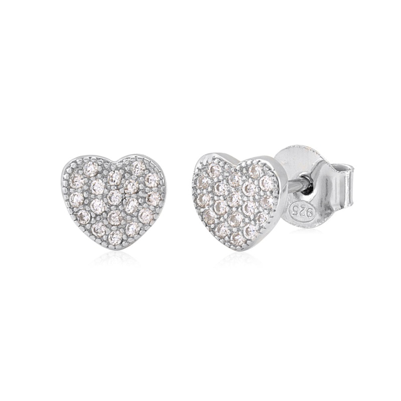 Heart Earrings In Sterling Silver With Cz Pavé Or Yellow Gold Plated