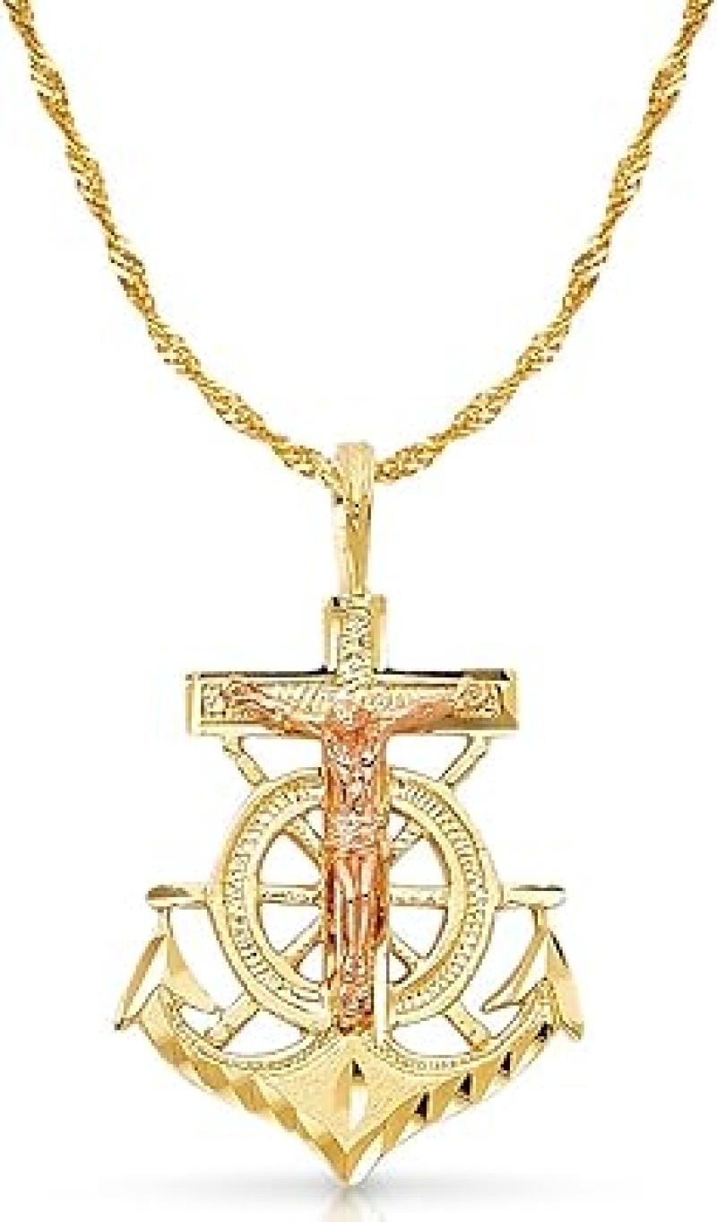 14K Two Tone Gold Crucifix Anchor Charm Pendant With 1.5Mm Singapore Chain Necklace