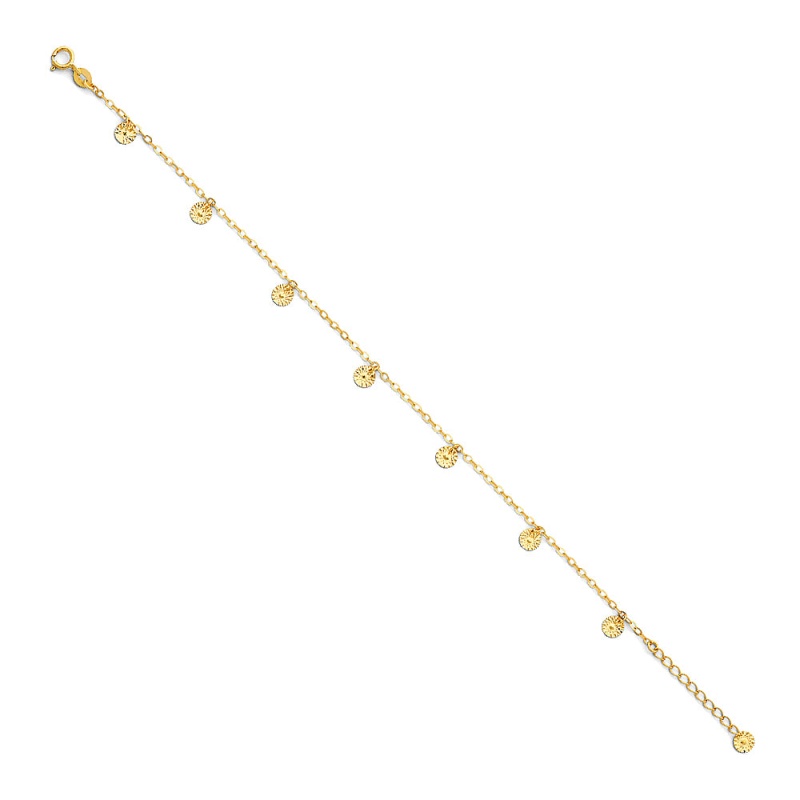 14K Solid Gold Light Round Disc Anklet - 9+1'