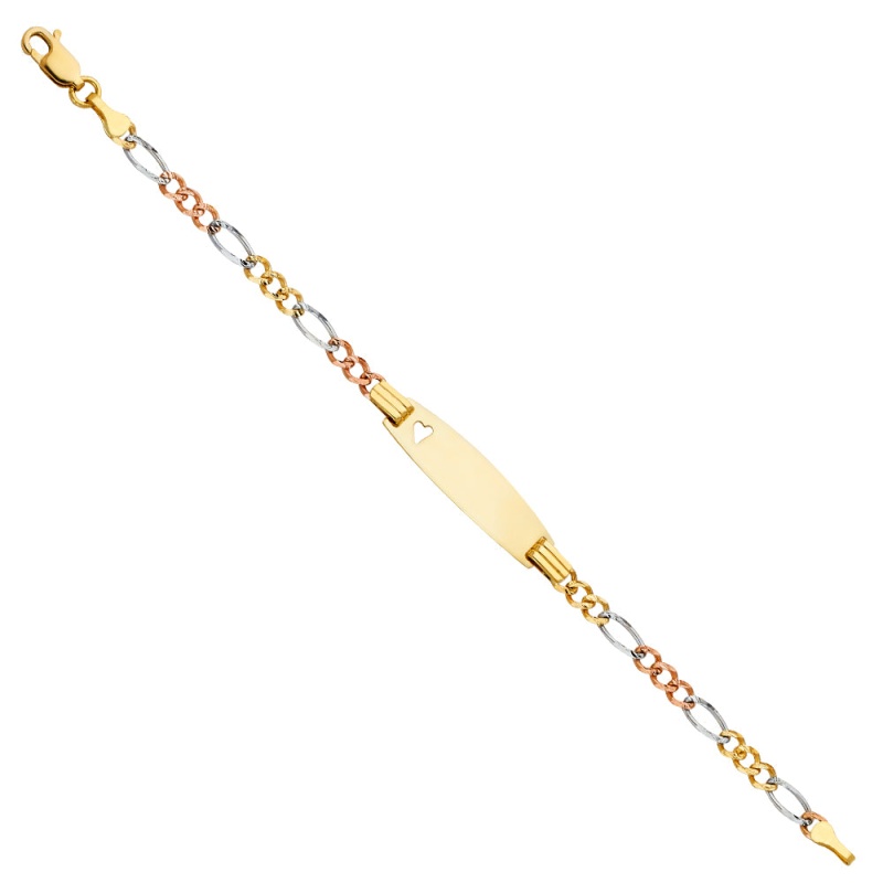 14K Gold Figaro 3+1 Baby Oval Id With Heart Bracelet - 6'