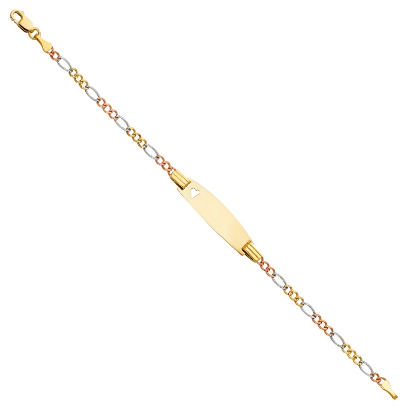 14K Gold Figaro 3+1 Baby Oval Id With Heart Bracelet - 6'