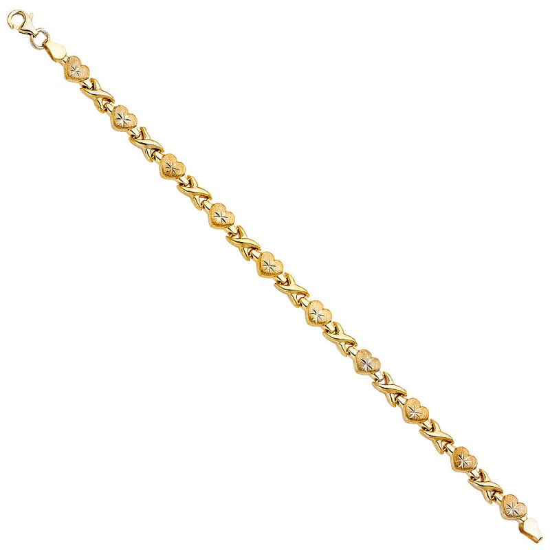14K Solid Gold Stampato Hearts Hugs And Kisses Bracelet - 7.25'