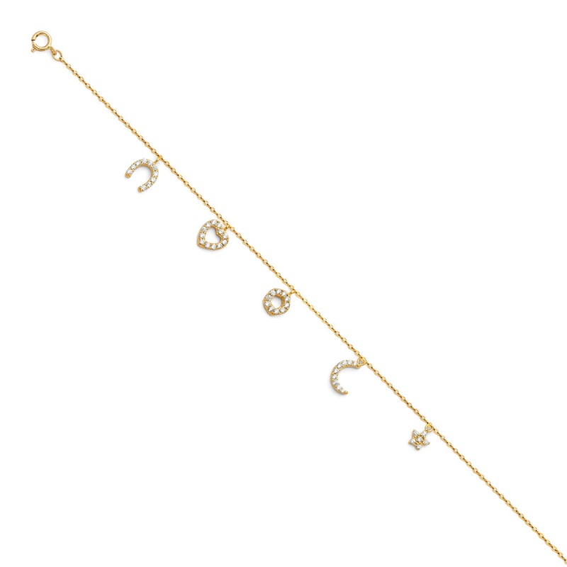 14K Solid Gold Light Cz Horseshoe Heart Flowe Chain Anklet - 9+1'