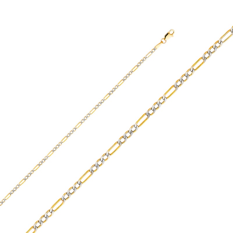 14K Gold 2.5Mm Hollow Figaro 3+1 White Pave Chain