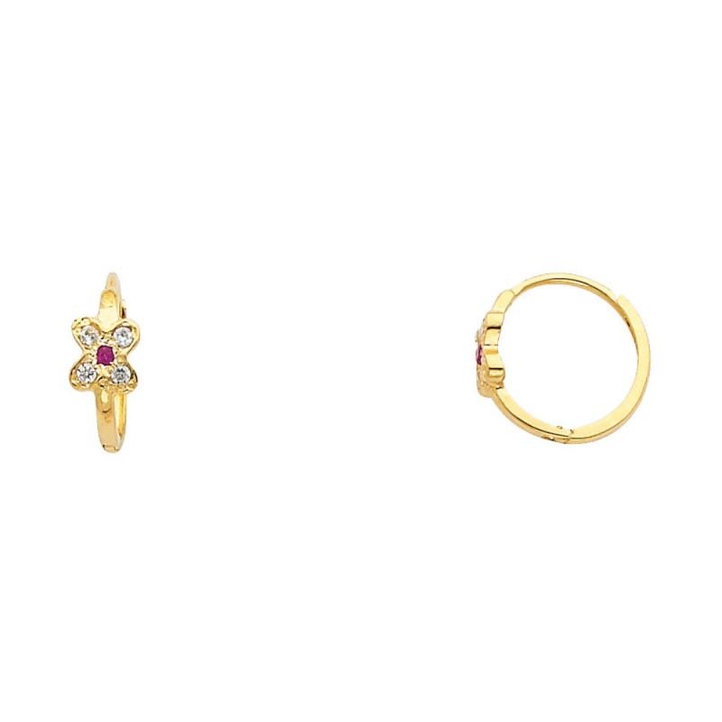 14K Gold Flower Cz Stone Huggie Hoops