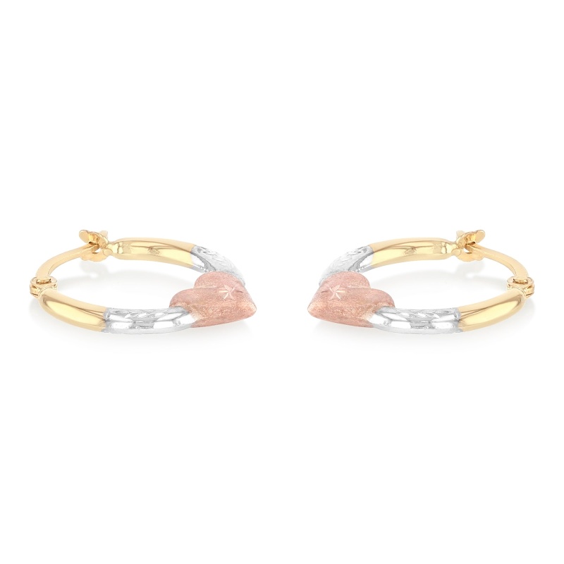 14K Gold 2Mm Diamond Cut Shape Hoops With Heart