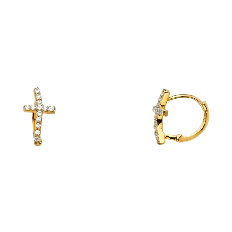 14K Y Curved Cz Stone Cross Huggie Hoops