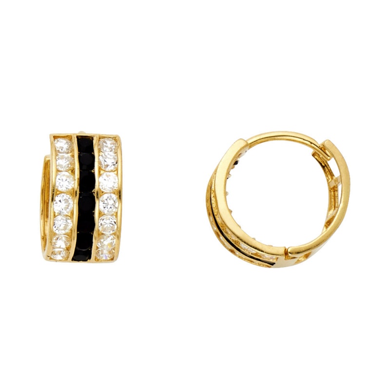 14K Gold Black & Cz Stone Huggie Hoops