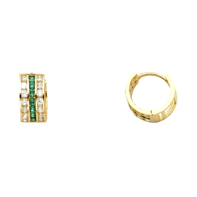 14K Gold Green & Cz Stone Huggie Hoops