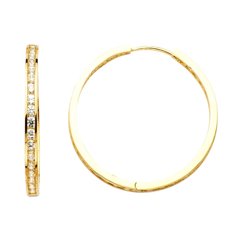 14K Gold Rd Cz Stone Channel Hoops