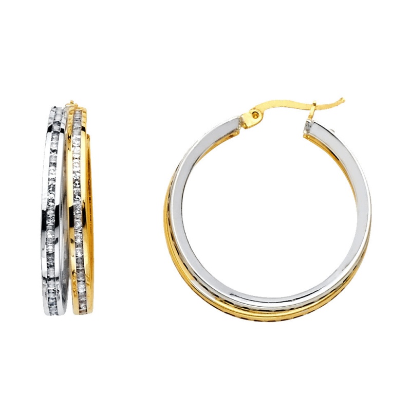 14K Gold Rd Cz Stone Channel 2 Line Hoops