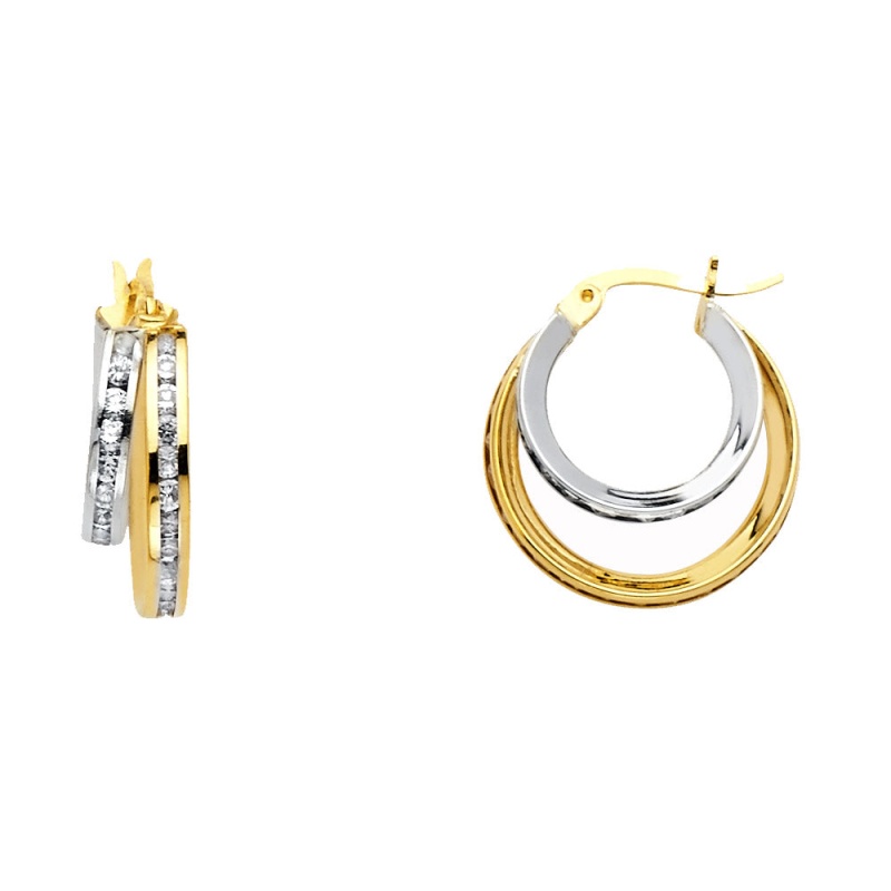 14K Gold Rd Cz Stone Channel 2 Line Hoops