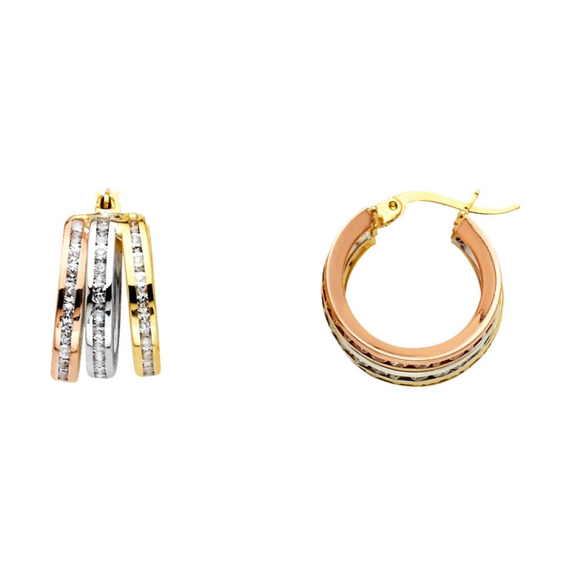 14K Gold Rd Cz Stone Channel 3 Line Hoops