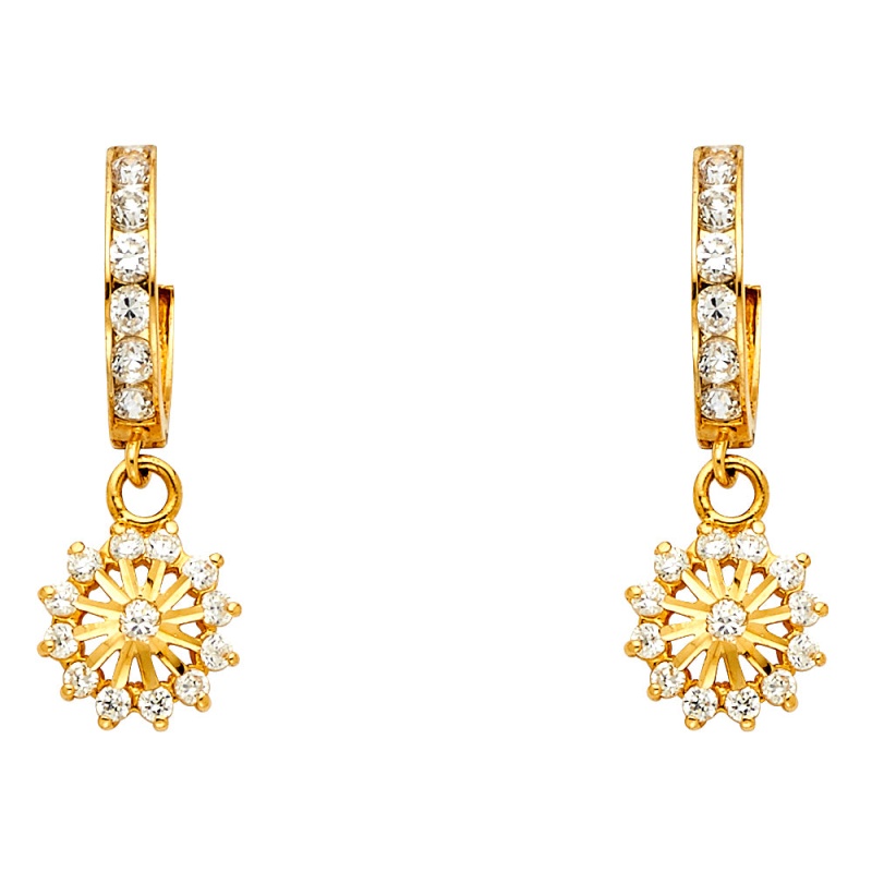 14K Gold Cz Stone Flower Huggie Hoops
