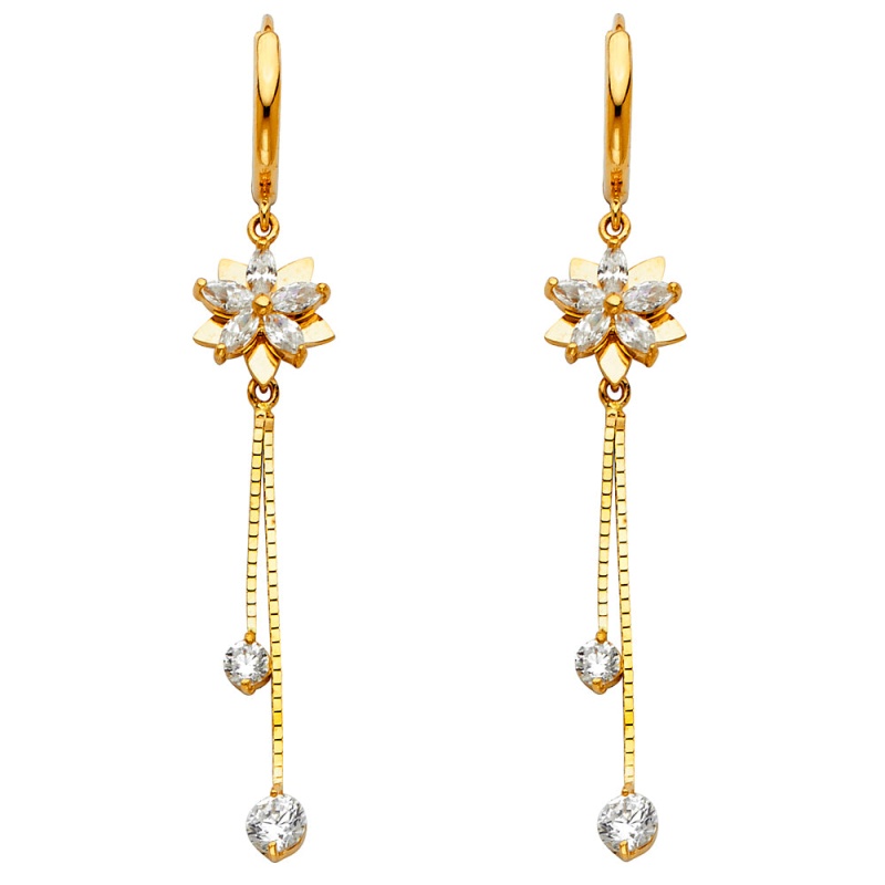 14K Gold Cz Stone Flower Dangle Huggie Hoops