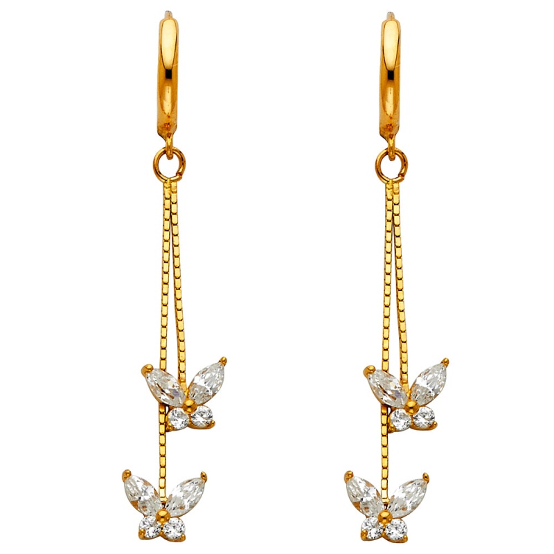 14K Gold Cz Stone Flower Dangle Huggie Hoops