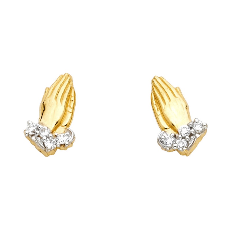 14K Gold Pray Hand Cz Stone Post Earrings