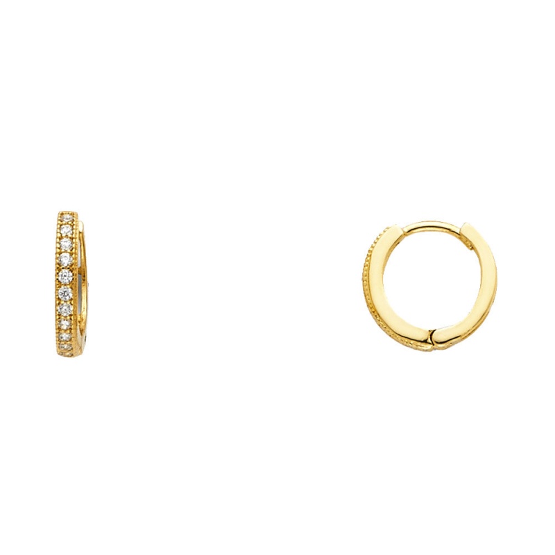 14K Gold Rd Cz Stone Pave Huggie Hoops