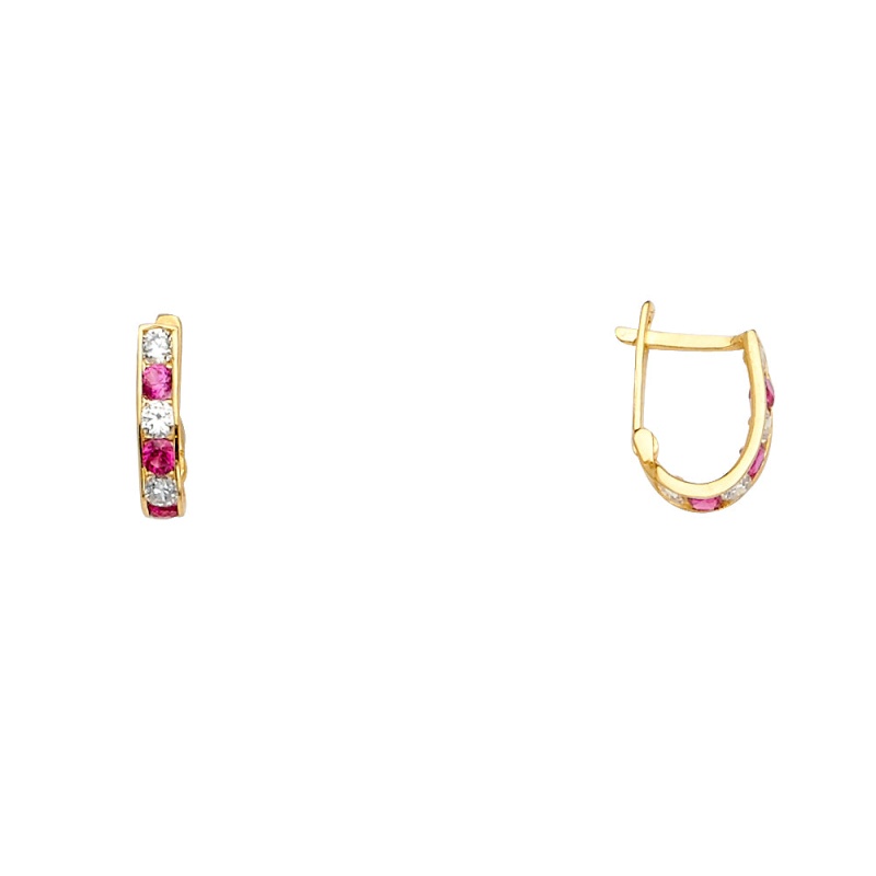 14K Gold Cz Stone Channel Huggie Hoops