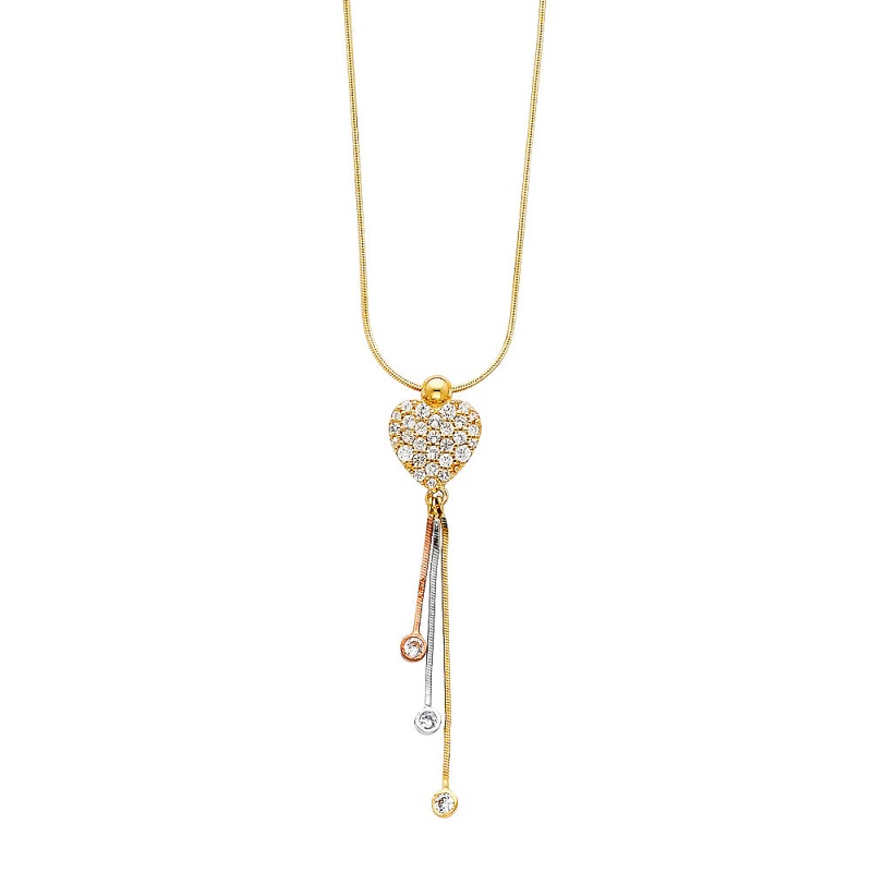14K Gold Heart With 3 Drops Cz Heart Chain Necklace - 16'