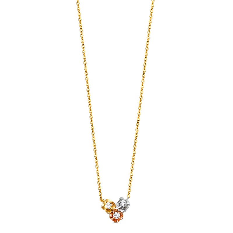 14K Gold Flower Cz Pendant Charms Chain Necklace - 17+1'