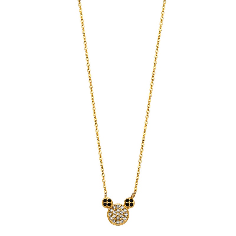 14K Gold Micky Mouse Ears Cz Pendant Chain Necklace - 17+1'