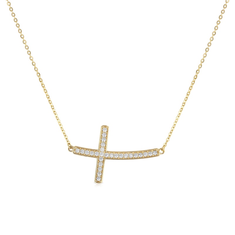14K Gold Curved Side Way Cross Cz Pendant Charm Chain Necklace - 17+1' - Yellow