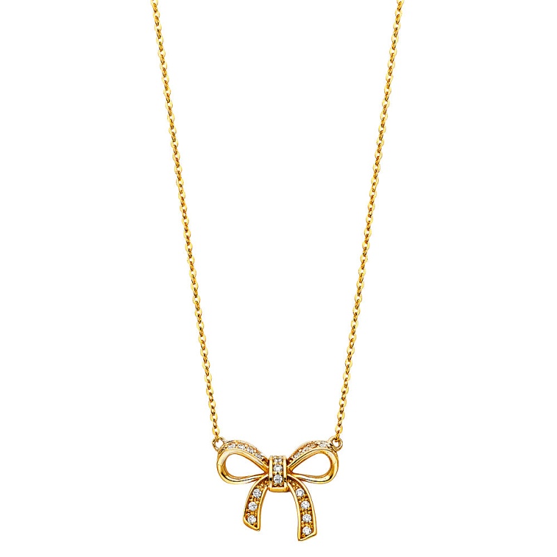 14K Gold Ribbon Bow Cz Pendant Charm Chain Necklace - 17+1'