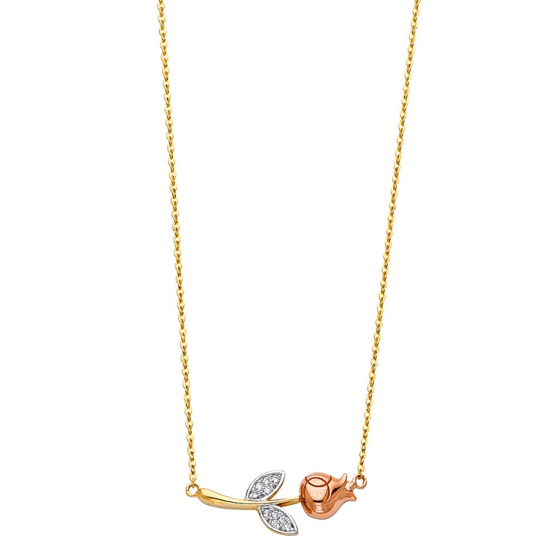 14K Gold Rose Flower & Leaf Cz Pendant Charm Chain Necklace - 17+1'