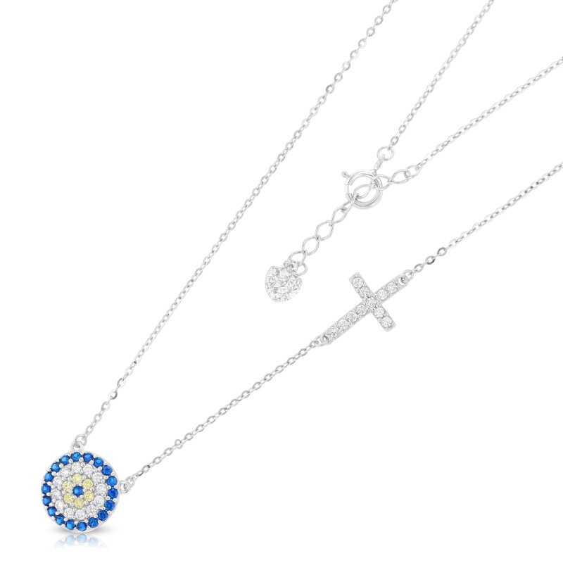 14K Gold Evil Eye Cross Cz Pendant Charm Chain Necklace - 17+1' - White