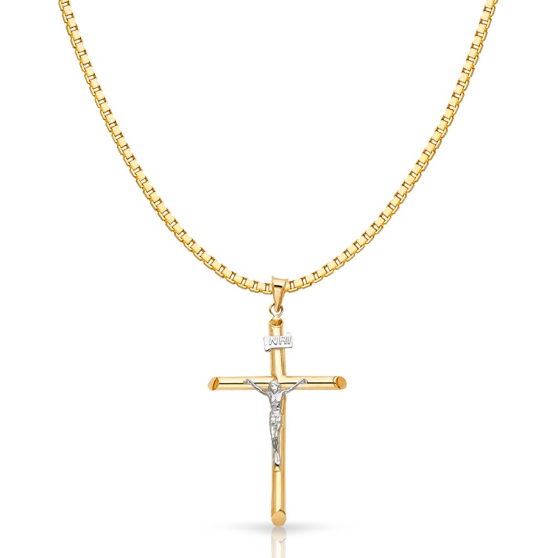 14K Gold Crucifix Cross Religious Charm Pendant With 1.2Mm Box Chain Necklace