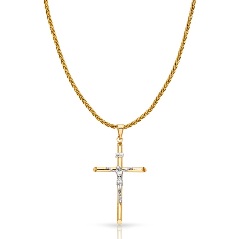 14K Gold Crucifix Cross Charm Pendant With 1.4Mm Round Wheat Chain Necklace