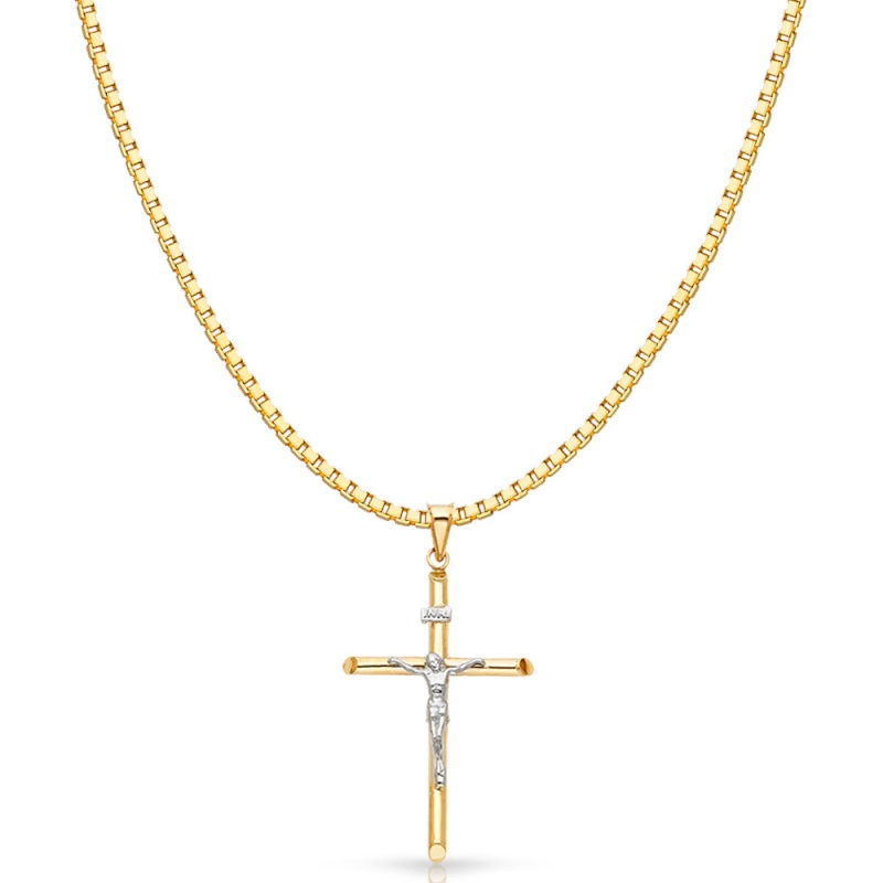 14K Gold Crucifix Cross Religious Charm Pendant With 1.2Mm Box Chain Necklace