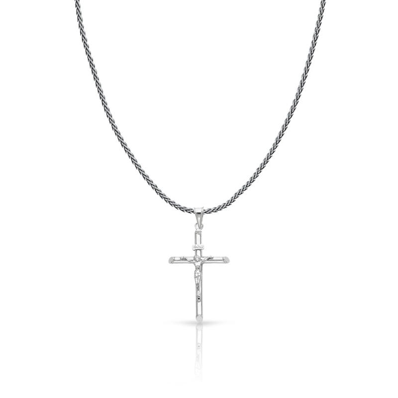 14K Gold Crucifix Cross Charm Pendant With 1.1Mm Wheat Chain Necklace