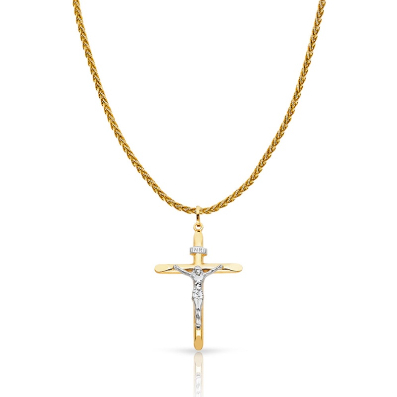 14K Gold Crucifix Cross Charm Pendant With 1.4Mm Round Wheat Chain Necklace