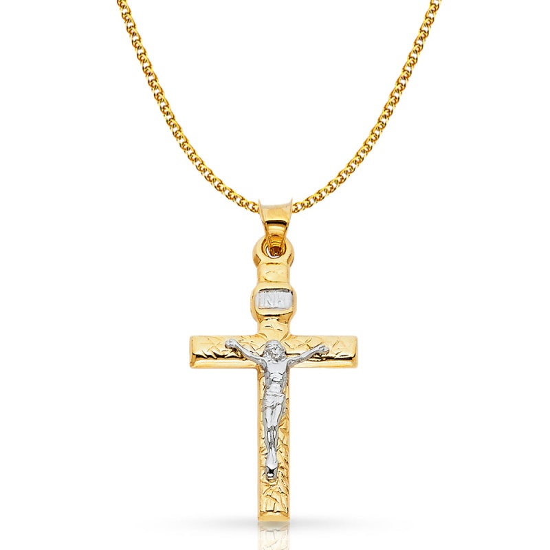 14K Gold Crucifix Cross Pendant With 1.5Mm Flat Open Wheat Chain