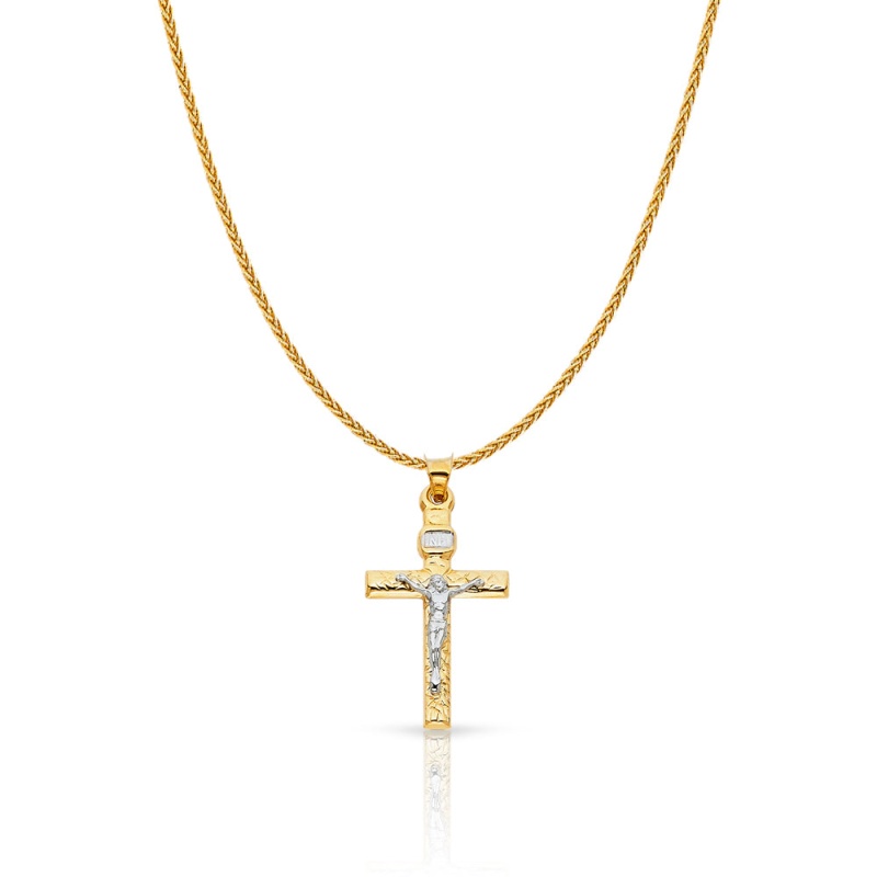 14K Gold Crucifix Cross Charm Pendant With 1.1Mm Wheat Chain Necklace