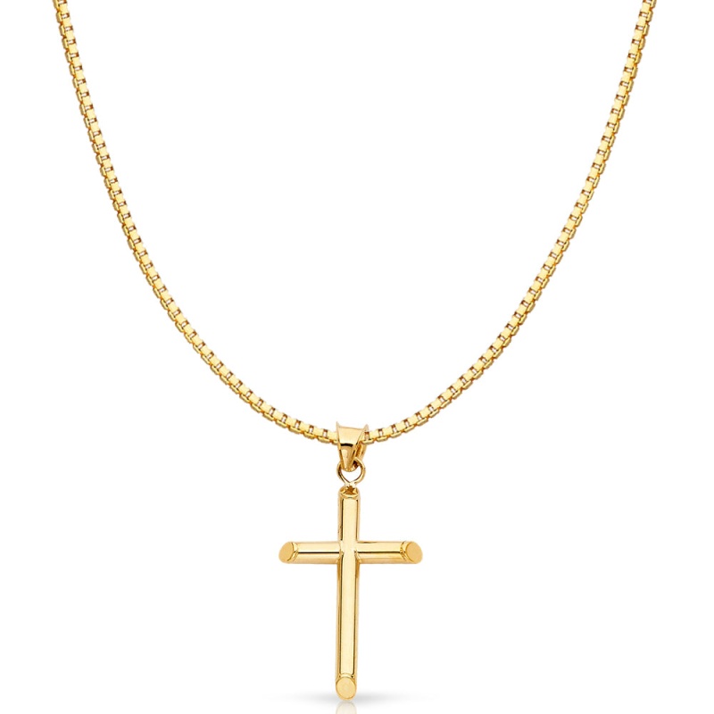 14K Gold Classic Cross Religious Charm Pendant With 0.8Mm Box Chain Necklace