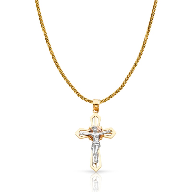 14K Gold Jesus Crucifix Cross Charm Pendant With 1.4Mm Round Wheat Chain Necklace