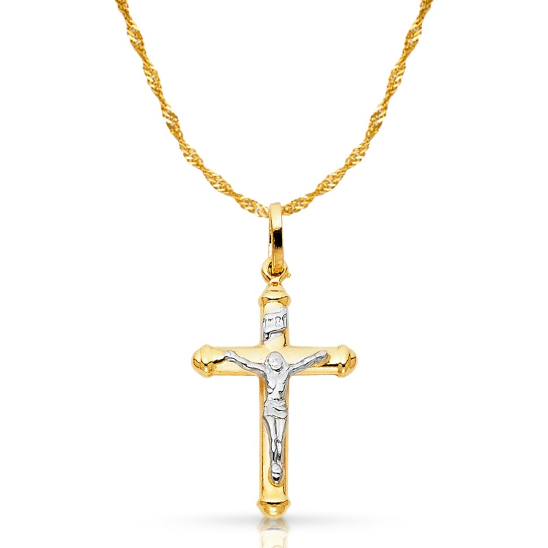 14K Gold Crucifix Cross Pendant With 1.2Mm Singapore Chain