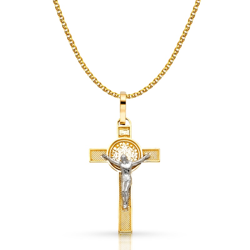 14K Gold Crucifix Cross Pendant With 1.7Mm Flat Open Wheat Chain