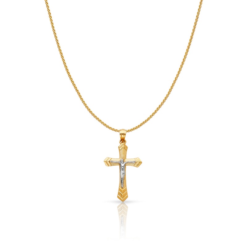 14K Gold Jesus Crucifix Cross Charm Pendant With 0.9Mm Wheat Chain Necklace